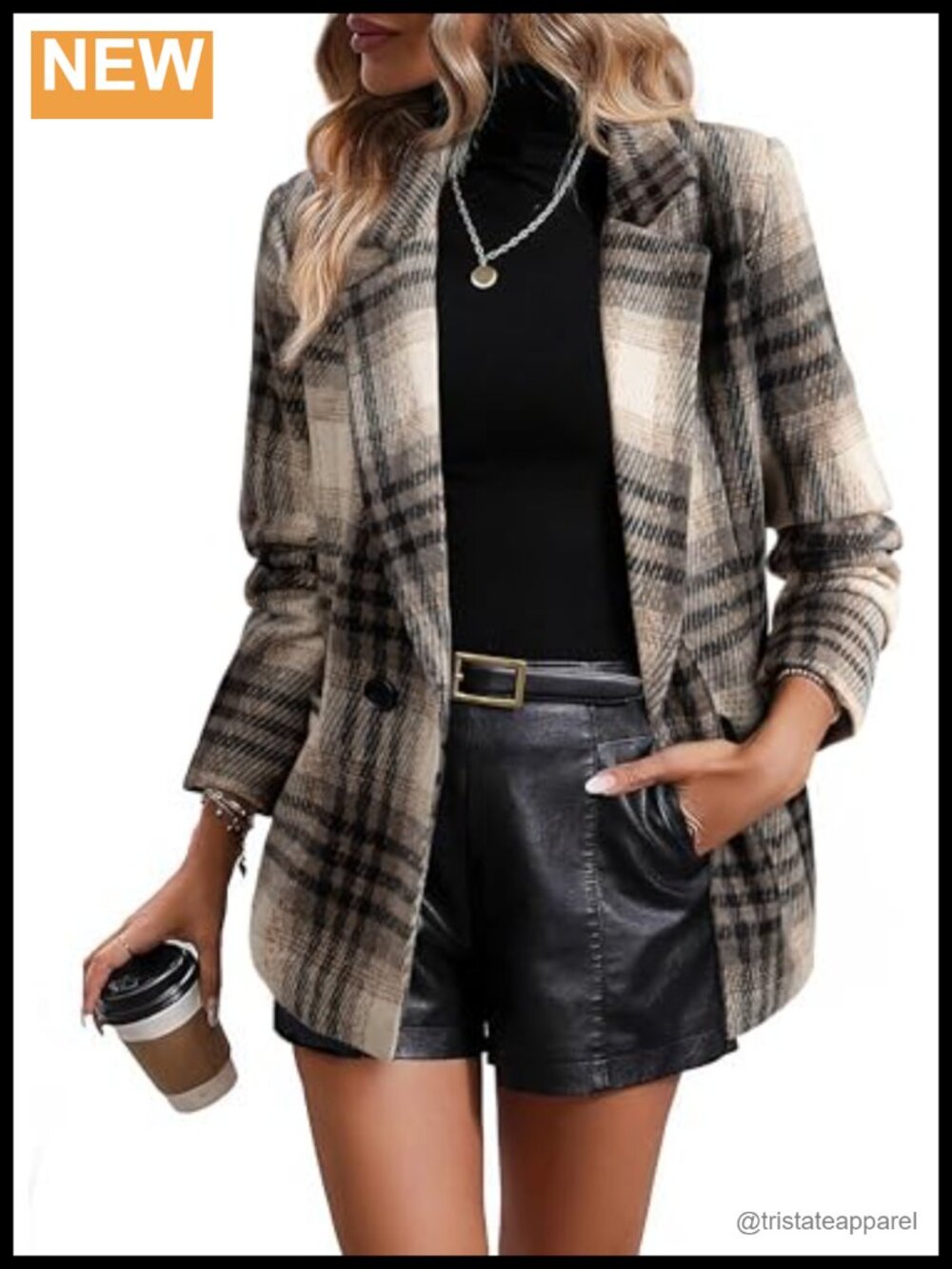 Plaid Blazer Classic Lapel Collar Double Breasted Open Front Work Suit with